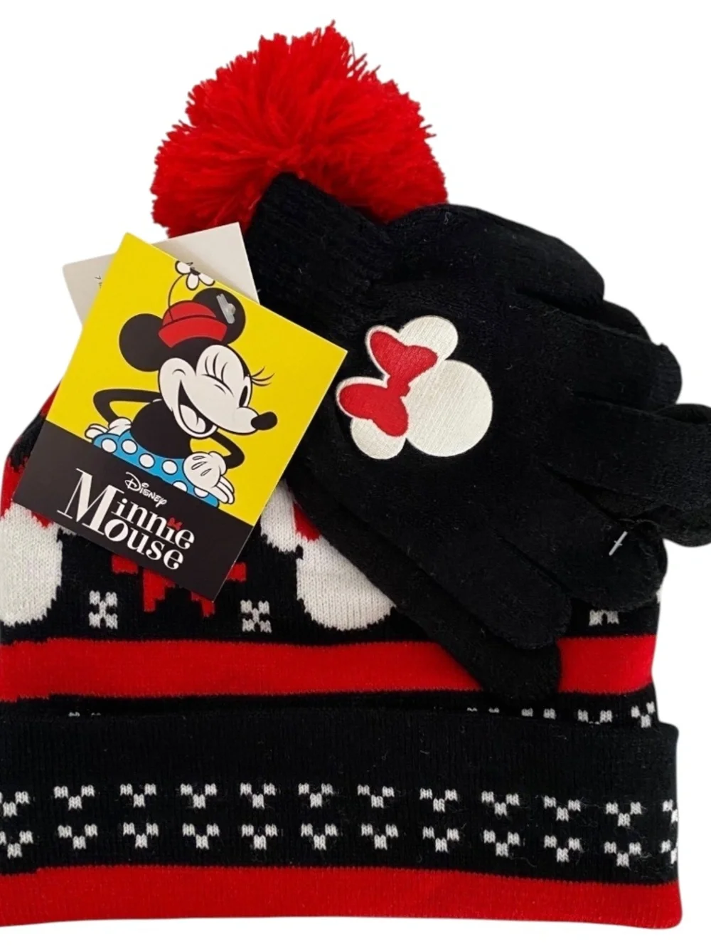 Disney Girls 2-Piece Minnie Mouse Fair Isle Knit Hat Gloves Set Red/Black 4-6X